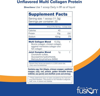 Bariatric Fusion Unflavored Multi Collagen Protein Powder | Hydrolyzed Collagen Peptides Powder Plus Joint Support Complex of MSM and Glucosamine | Type 2 | Dairy, Gluten & Soy Free | 30 Servings