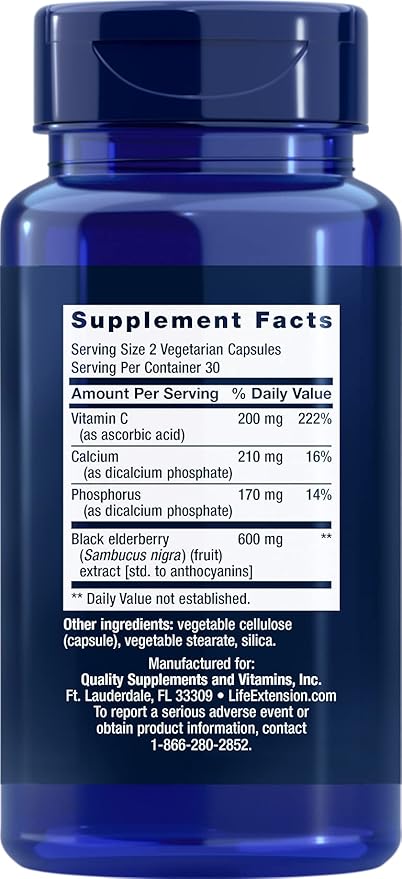 Life Extension Black Elderberry + Vitamin C, Everyday Immune Support from Elderberry & Vitamin C, Gluten Free, Non-GMO, Vegetarian, 60 Capsules