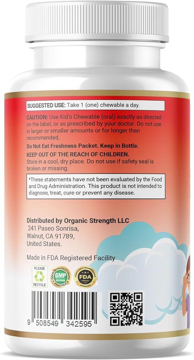 Kids Eye Health 1 Chewable Tablet A Day Halal Vitamins Strawberry Flavor 60 Servings for Age 4-12.