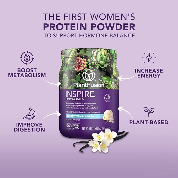 PlantFusion Inspire Plant Protein Powder for Women - Low Carb Protein Powder for Lean Muscle Support - Keto, Gluten Free, Soy Free, Non-Dairy, No Sugar, Non-GMO - Creamy Vanilla Bean 1 lb