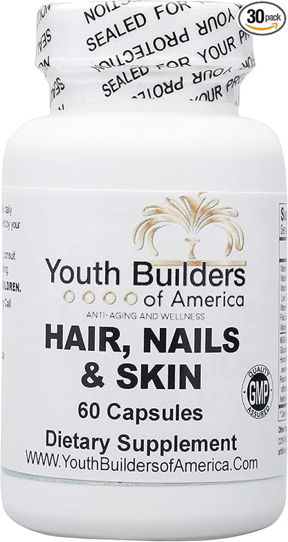 Hair, Nails and Skin- YOUTH BUILDERS OF AMERICA- Multivitamin Supplement, Promotes Thicker Fuller Hair, Stronger Nails and Clearer, Smoother Skin.