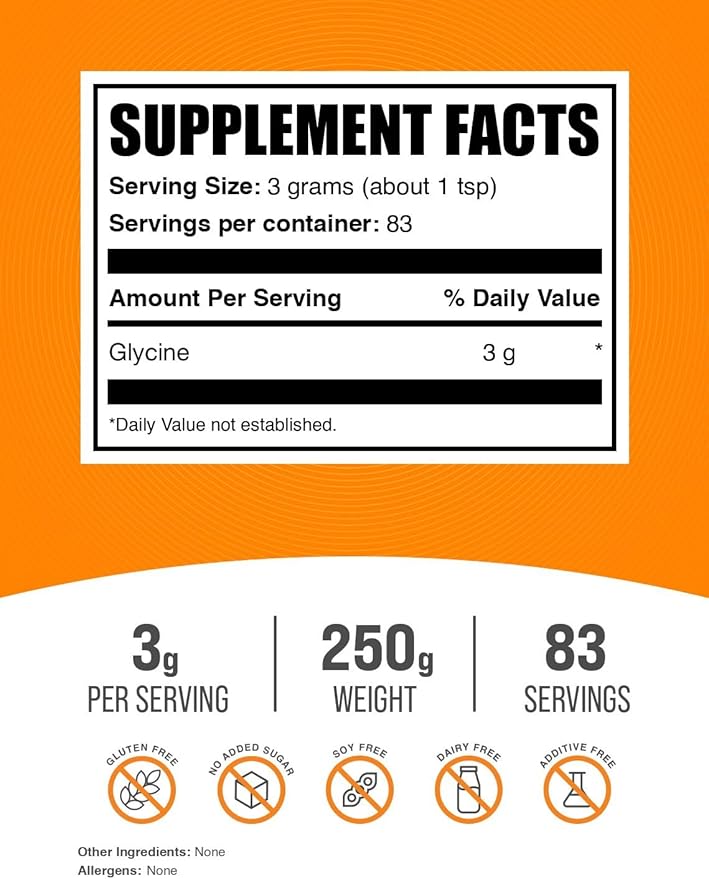 BulkSupplements.com Glycine Powder - Glycine Supplements, Glycine 3000mg - Glycine Amino Acid Supplement, Pure & Gluten Free - 3000mg per Serving, 250g (8.8 oz) (Pack of 1)