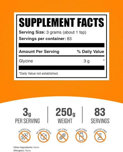 BulkSupplements.com Glycine Powder - Glycine Supplements, Glycine 3000mg - Glycine Amino Acid Supplement, Pure & Gluten Free - 3000mg per Serving, 250g (8.8 oz) (Pack of 1)