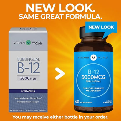 Vitamin World Vitamin B-12 5000 mcg. Sublingual 60 Microlozenges, Supports Energy Metabolism, Supports Heart Health