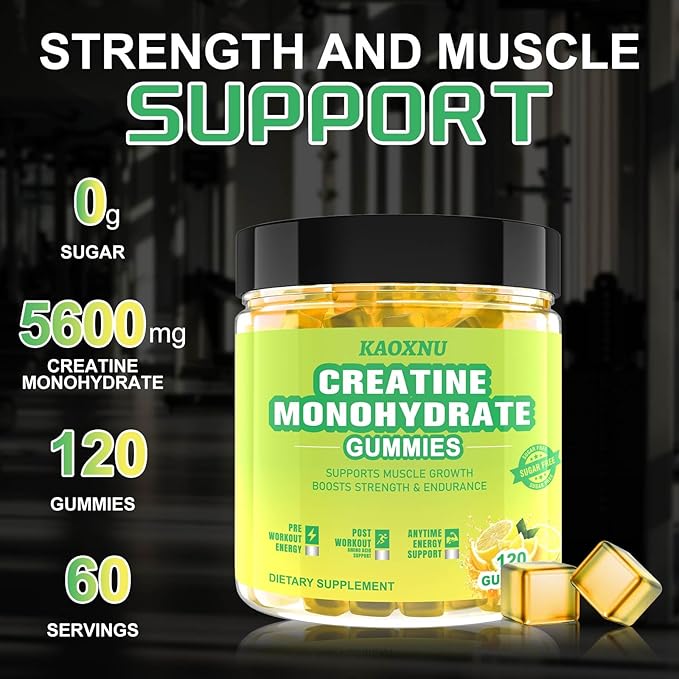 Creatine Monohydrate Gummies 5600mg for Men & Women, 120 CT Chewable Creatine Gummies for Muscle Support, Energy Boost, 5.6g of Creatine Monohydrate per Serving - Sugar Free, Vegan (Lemon Flavor)