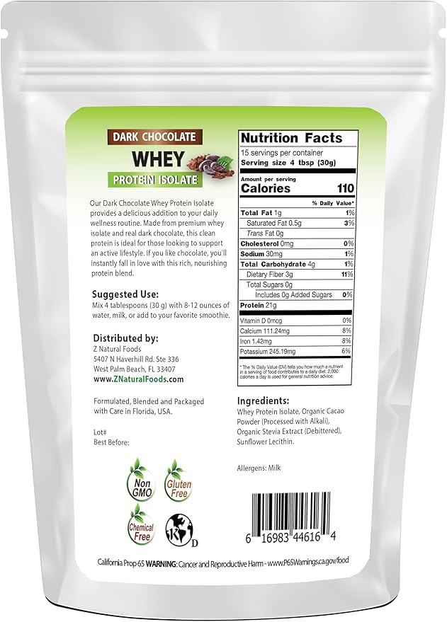 Whey Protein Isolate - Dark Chocolate Flavor with Zero Sugar - Delicious All Natural Protein Powder - Mix in Smoothie, Shake, Juice, Or Recipe - Hormone Free, Non GMO, & Gluten Free - 1 lb