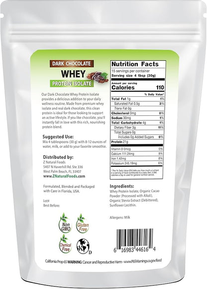 Whey Protein Isolate - Dark Chocolate Flavor with Zero Sugar - Delicious All Natural Protein Powder - Mix in Smoothie, Shake, Juice, Or Recipe - Hormone Free, Non GMO, & Gluten Free - 1 lb