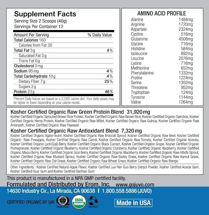 Juvo Raw Green Protein Organic, Vegan, Gluten Free, Non-GMO, Kosher, No Stevia, 23g of Protein, Complete Amino Acid Profile, 16.9 Ounce