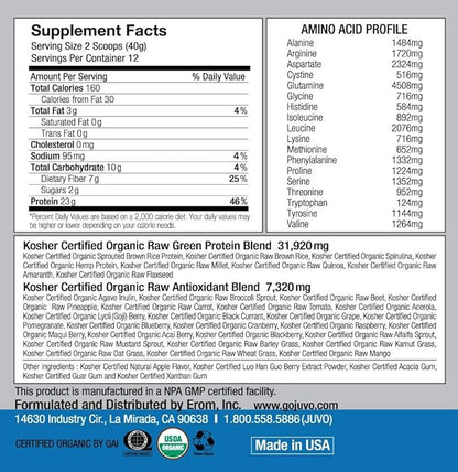 Juvo Raw Green Protein Organic, Vegan, Gluten Free, Non-GMO, Kosher, No Stevia, 23g of Protein, Complete Amino Acid Profile, 16.9 Ounce