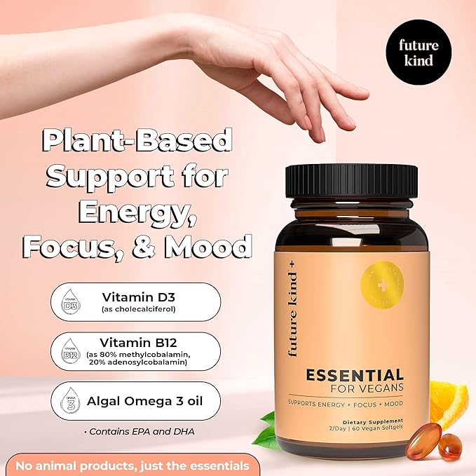 Future Kind Vegan Multivitamins - Glass Bottle & Made for Vegans w/Omega 3 DHA+EPA, Vitamin B12 & D3 - Vegan Vitamin for Energy, Focus, & Mood - Vegan Vitamins for Women & Men, 60 Tiny Softgels