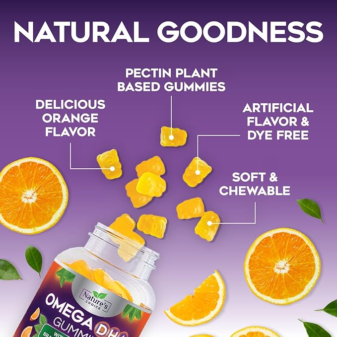 Omega 3 Fish Oil Gummies - Triple Strength Omega 3 Gummy Vitamins, High Absorption EPA & DHA Fatty Acids, for Heart Health & Brain Support, Nature's Fish Oil Supplement, Orange Flavor - 60 Gummies