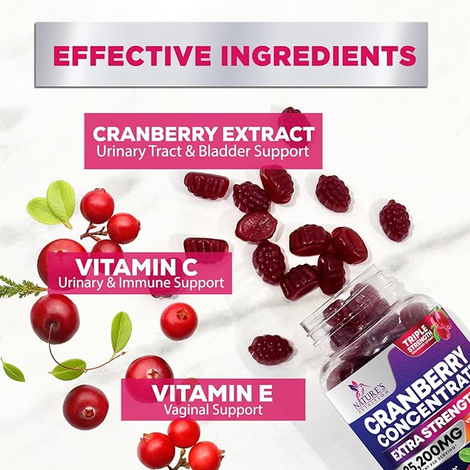 Cranberry Gummies - Urinary Tract Health Gummy + Vitamin C - 25,000mg - Triple Strength Cranberry Concentrate Extract Supplement Pills, Ultimate Potency, Non-GMO, Gluten Free - 60 Gummies