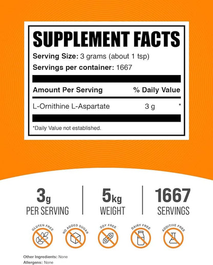 BulkSupplements.com L-Ornithine L-Aspartate Powder - Ornithine Supplement, Ornithine Powder - Amino Acid Supplement, Gluten Free, 3g per Serving, 5kg (11 lbs) (Pack of 5)