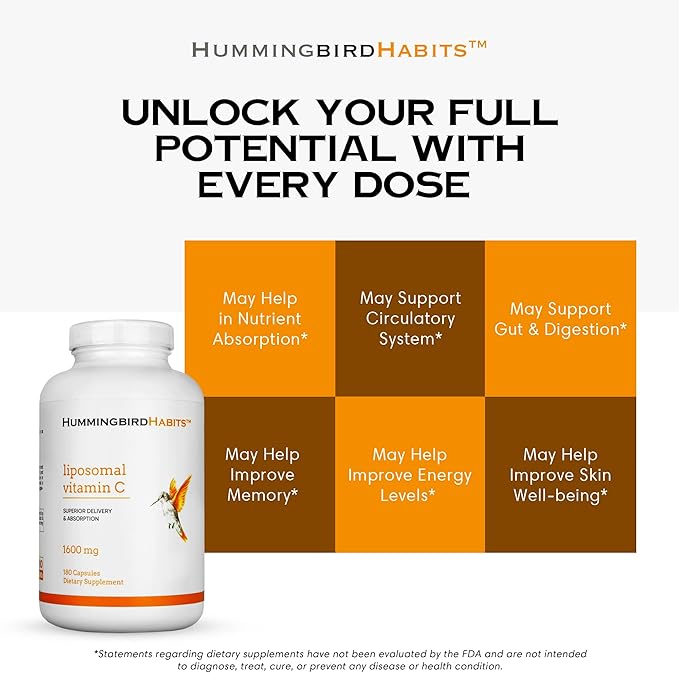 Liposomal Vitamin C 1600mg, High Absorption Vitamin C for Immune Support, Fat Soluble VIT C Antioxidant Supplement for Collagen Synthesis, Joint Support & Skin Appearance, 180 Vegan Capsules