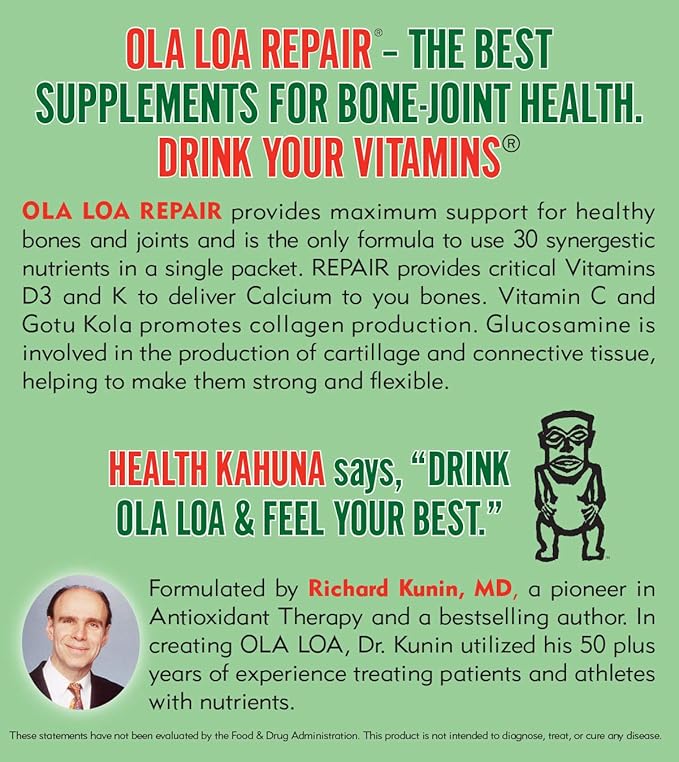 Ola Loa Repair Orange Multivitamin Drink Mix - Daily Bone & Joint Supplement, Calcium, Magnesium, Glucosamine, Anti-Aging Vitamin - Give Your Body The Nutrient Support it Deserves - 30 Packets (9oz)