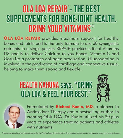 Ola Loa Repair Orange Multivitamin Drink Mix - Daily Bone & Joint Supplement, Calcium, Magnesium, Glucosamine, Anti-Aging Vitamin - Give Your Body The Nutrient Support it Deserves - 30 Packets (9oz)