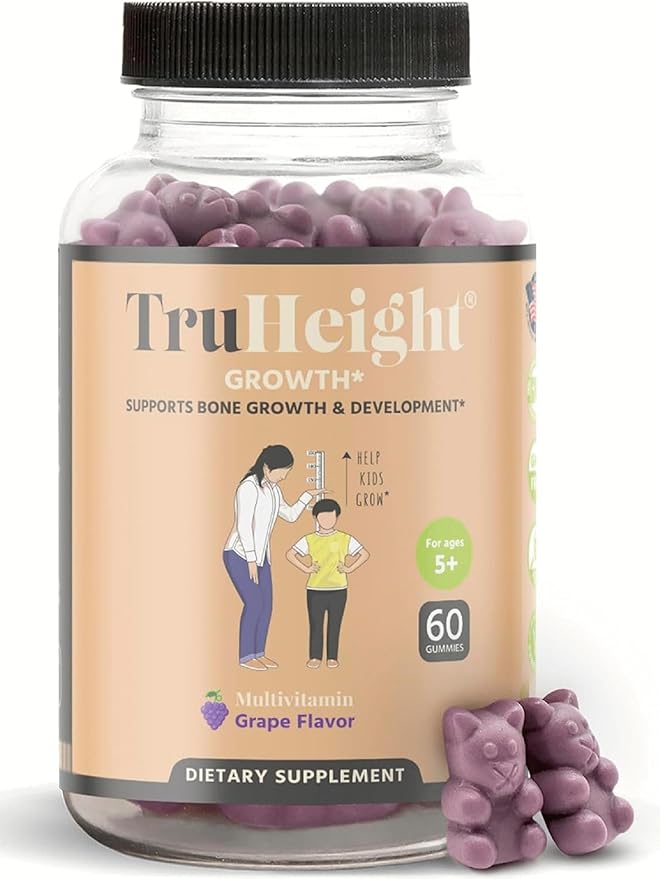 TruHeight Growth Gummies (Grape) Natural Growth & Development Supplement for Kids & Teens - Endorsed by Pediatricians - Vitamin D, K, Calcium & Ashwaganda - Bone Strength - Kids Vitamins - Ages 5+
