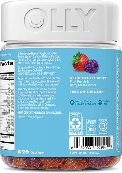 OLLY Kids Multivitamin & Probiotic Gummy, Digestive Support, Vitamins A, D, C, E, B, Zinc, Chewable Supplement, Berry Flavor, 50 day supply - 100 Count