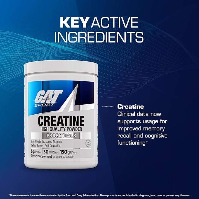 GAT SPORT Creatine Monohydrate Powder, Strength, Brain Health, Anti-oxidant, Endurance, for Men & Women, Unflavored (30 Servings)