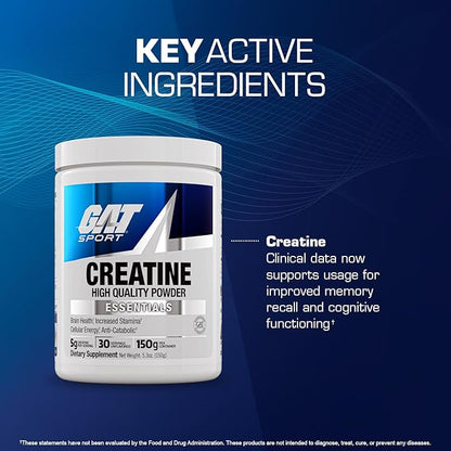 GAT SPORT Creatine Monohydrate Powder, Strength, Brain Health, Anti-oxidant, Endurance, for Men & Women, Unflavored (30 Servings)
