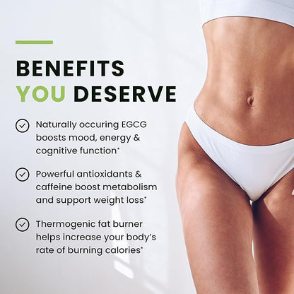 Green Tea Weight Loss Pills | Belly Fat Burner, Metabolism Booster, & Appetite Suppressant for Women & Men | 45% EGCG | With Green Coffee Bean Extract | Vegan, Gluten-Free Supplement | 120 Capsules