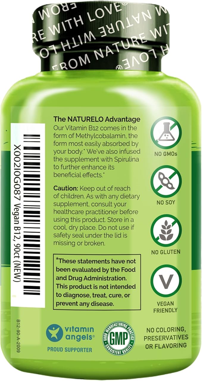 NATURELO Vegan B12 - Methyl B12 with Organic Spirulina - High Potency Vitamin B12 1000 mcg Methylcobalamin - Supports Healthy Mood, Energy, Heart & Eye Health - 90 Capsules