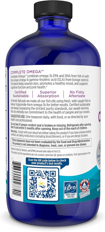 Nordic Naturals Complete Omega, Lemon Flavor - 16 oz - 1270 mg Omega-3 - EPA & DHA with Added GLA - Healthy Skin & Joints, Cognition, Positive Mood - Non-GMO - 96 Servings