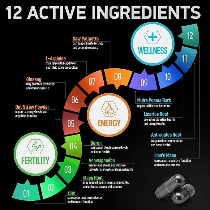 Fertility Supplements for Men - Advanced Fertility Blend for Men with Zinc, Maca, Ashwagandha, L-Arginine - Conception Fertility Prenatal Vitamins and Male Fertility Support Supplement - 120 Pills