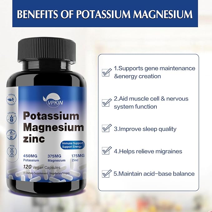 Potassium Magnesium Supplement 1000mg, Magnesium Potassium Zinc Aspartate Support Vascular, Bone, Heart, Muscle & Nerve Health, Non-GMO, Vegan, (120 Capsules)