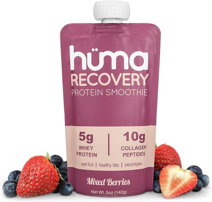 Huma Recovery Protein Smoothie, 20 Pouches – 15g Collagen + Whey Post Workout Recovery Drink – Ready-to-Drink Protein Shake with Real Fruit, Electrolytes, Healthy Fats