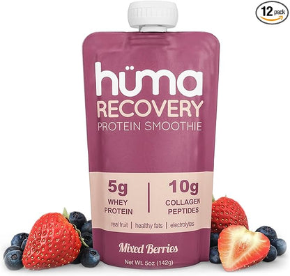 Huma Recovery Protein Smoothie, 12 Pouches – 15g Collagen + Whey Post Workout Recovery Drink – Ready-to-Drink Protein Shake with Real Fruit, Electrolytes, Healthy Fats