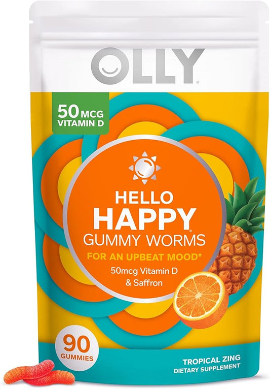 OLLY Hello Happy Gummy Worms, Mood Balance Support, Vitamin D, Saffron, Adult Chewable Supplement, Gluten Free, Tropical Zing - 90 Count