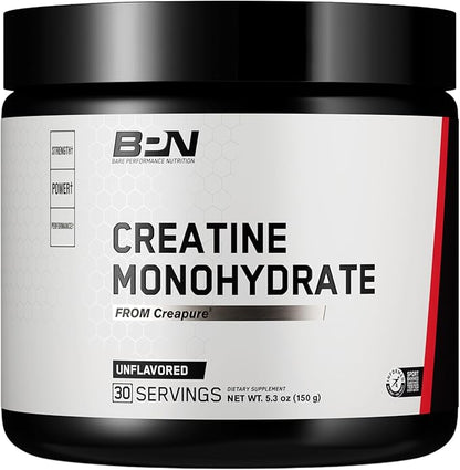 BARE PERFORMANCE NUTRITION, BPN Pure Creatine Monohydrate Powder by Creapure, 5g of Creatine per Serving, Supports Muscle Growth, Unflavored Creatine Powder, 30 Servings