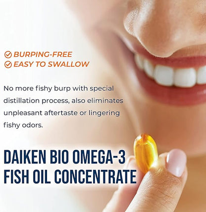 DAIKEN rTG Omega 3 1000mg, High Absorption & Burpless Fish Oil 1200 mg, Mini Fish Oil Softgels for Healthy Heart, Brain and Dry Eyes Support, 60 Small Softgels (Pack of 2)