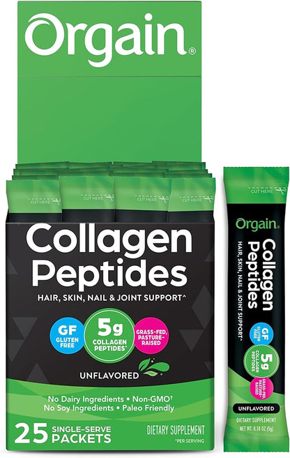 Orgain Hydrolyzed Collagen Peptides Travel Packets For Women & Men - 5g Grass Fed Collagen Per Serving, Hair, Skin, Nail & Joint Support Supplement, Non-GMO, Type I & III - Unflavored (25 Count)