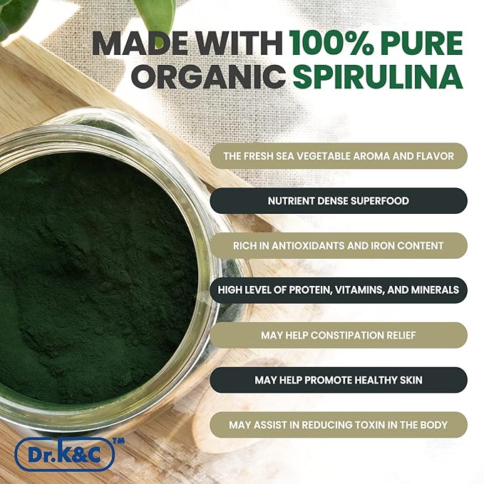 Dr.K&C Organic Spirulina Superfood Supplement – Pure Natural Blue Green Microalgae 600 mg 120 Veggie Capsules Health Immune System Antioxidants Protein Fiber No Filler Non GMO Vegan
