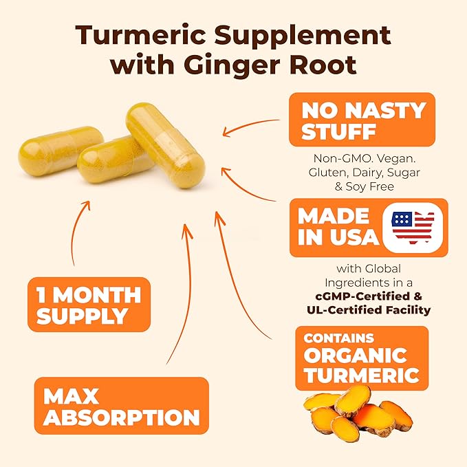 Turmeric Supplement and Ginger Root Joint Support Supplement - Turmeric Curcumin Supplement 95% Curcuminoids. Contains Organic Turmeric with Black Pepper (Bioperine) for Max Absorption. 60 Capsules