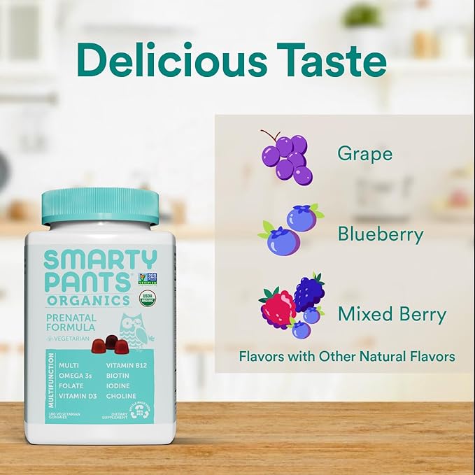 SmartyPants Organic Prenatal Vitamins for Women, Multivitamin Gummies: Biotin, Methylfolate, Omega 3 (ALA), Vitamin D3, C, Vitamin B12, B6, Vitamin A, K2 & Zinc, Vegetarian, 180 Count (45 Day Supply)