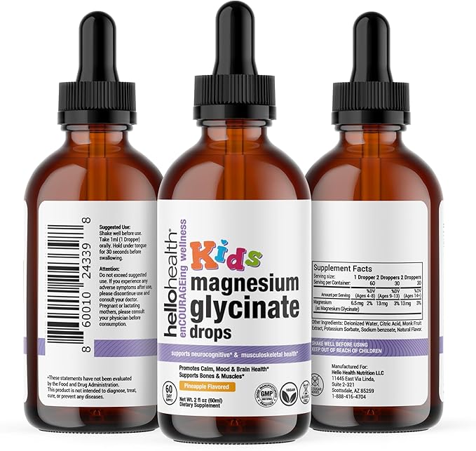 Kids Magnesium Glycinate Liquid Drops – Sugar Free Liquid Magnesium Drops, Happy Calm for Kids Calming Supplement Complex – Magnesium for Children & Nighttime Sleep, Pineapple Flavor 2 Fl Oz.