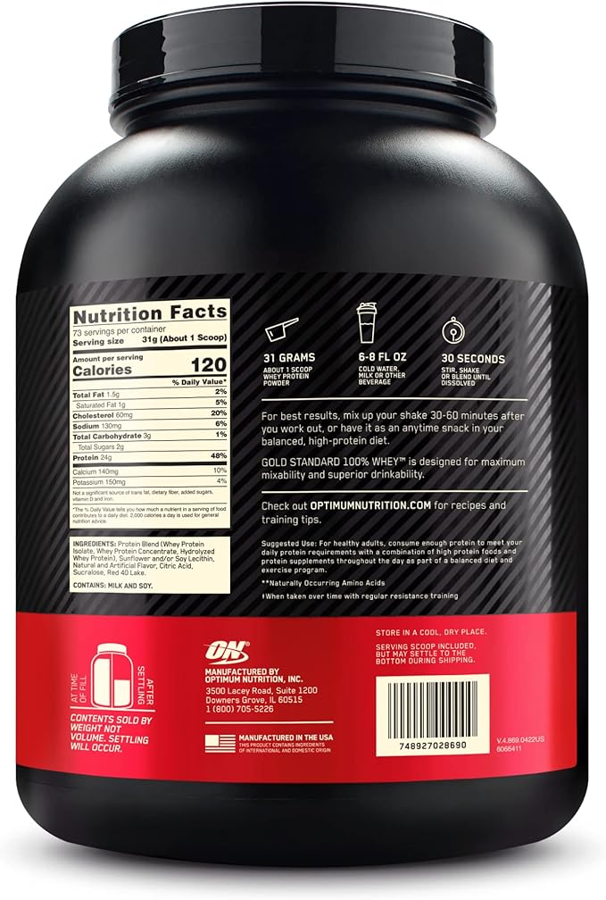Optimum Nutrition Gold Standard 100% Whey Protein Powder, Delicious Strawberry, 5 Pound (Packaging May Vary)