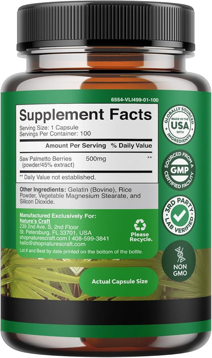 Extra Strength Saw Palmetto Extract - Advanced Herbal Complex for Hair Health and Urinary Support with Plant Sterols & Flavonoids - Potent Herbal Supplement with 500mg per Serving - 100 Capsules