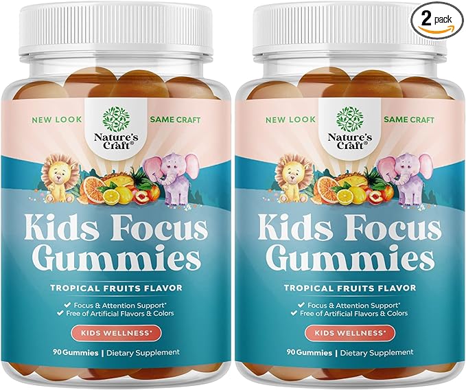 Vegan Brain Focus Gummies for Kids - Kids Focus Supplement with Phosphatidylserine Bacopa Monnieri Green Tea Extract and More Focus Vitamins for Kids Mood Concentration Energy and Focus (2 Pack)