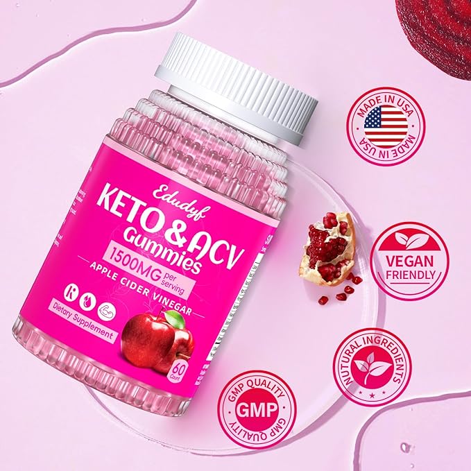 Keto ACV Gummies - Sugar-Free Apple Cider Vinegar Gummies Keto-Friendly, Vegan, Non-GMO, Gluten-Free Apple Flavor Formula for Men & Women 60 Count