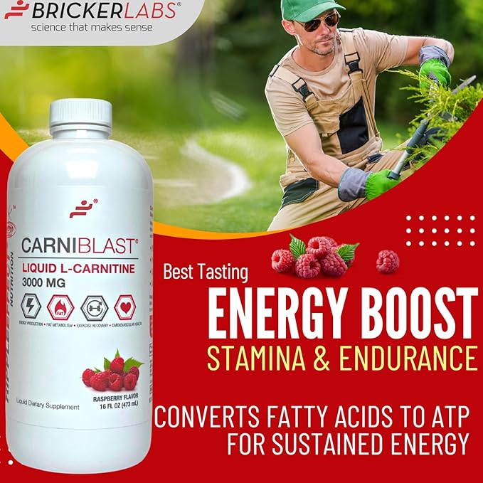 CARNIBLAST Liquid L-Carnitine 3000mg, Premium L Carnitine Carnipure, Energy Nutrition, Energy Supplement and Energy Booster, Raspberry, 16 fl oz