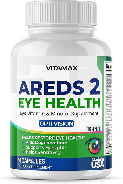 AREDS 2 Eye Vitamins - Lutein, Zeaxanthin, Bilberry, Astaxanthin Mineral Vision Supplement - Supports Eye Strain, Dry Eyes, Pressure, and Vision Health - Made in USA (60ct (Pack of 1))