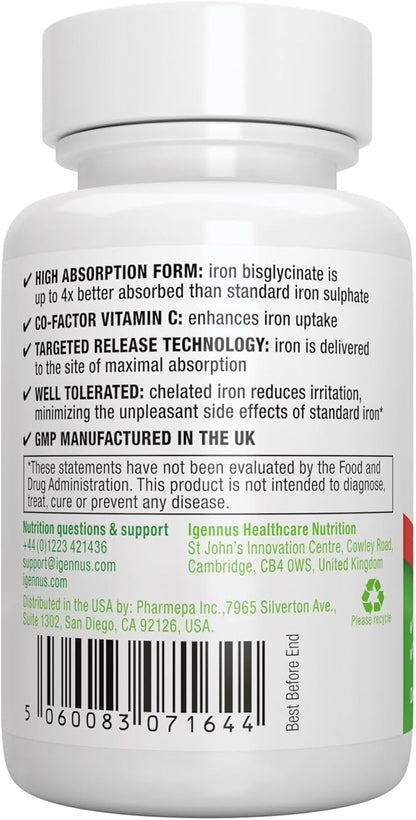 High Absorption Chelated Iron Bisglycinate 20mg with Vitamin C, 6 Month Supply, Iron, Gentle Formula, Clean Label & Targeted Release, for Women and Men, One Daily, Vegan, 180 Tablets, by Igennus