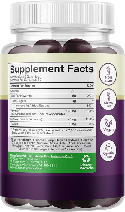 Extra Strength Iron Gummies for Women and Men - Potent 45mg per Serving Chewable Iron Supplement for Women & Men with Vitamin C for Higher Absorption - Vegan Daily Iron Gummy for Adults (60 Servings)