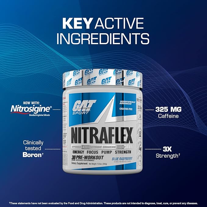 GAT SPORT Nitraflex Advanced Pre-Workout Powder, Increases Blood Flow, Boosts Strength and Energy, Improves Exercise Performance, Creatine-Free (Green Apple, 30 Servings)