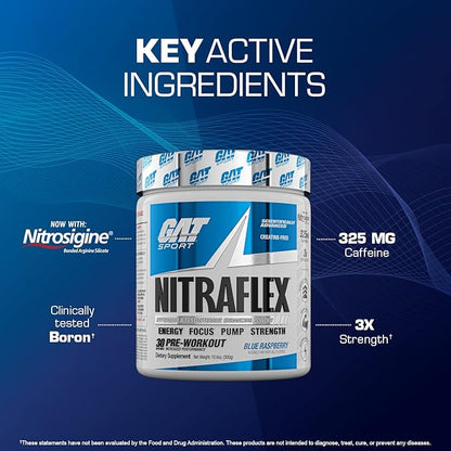 GAT SPORT Nitraflex Advanced Pre-Workout Powder, Increases Blood Flow, Boosts Strength and Energy, Improves Exercise Performance, Creatine-Free (Green Apple, 30 Servings)