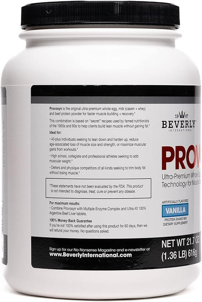 PROVOSYN. The Original Ultra-Premium Whole Egg, Milk (Casein + Whey) and Beef Protein Powder. Fast Muscle Building + Recovery. Perfect for Hard Gainers. Vanilla Flavor, 616 g The Mature Users Protein.